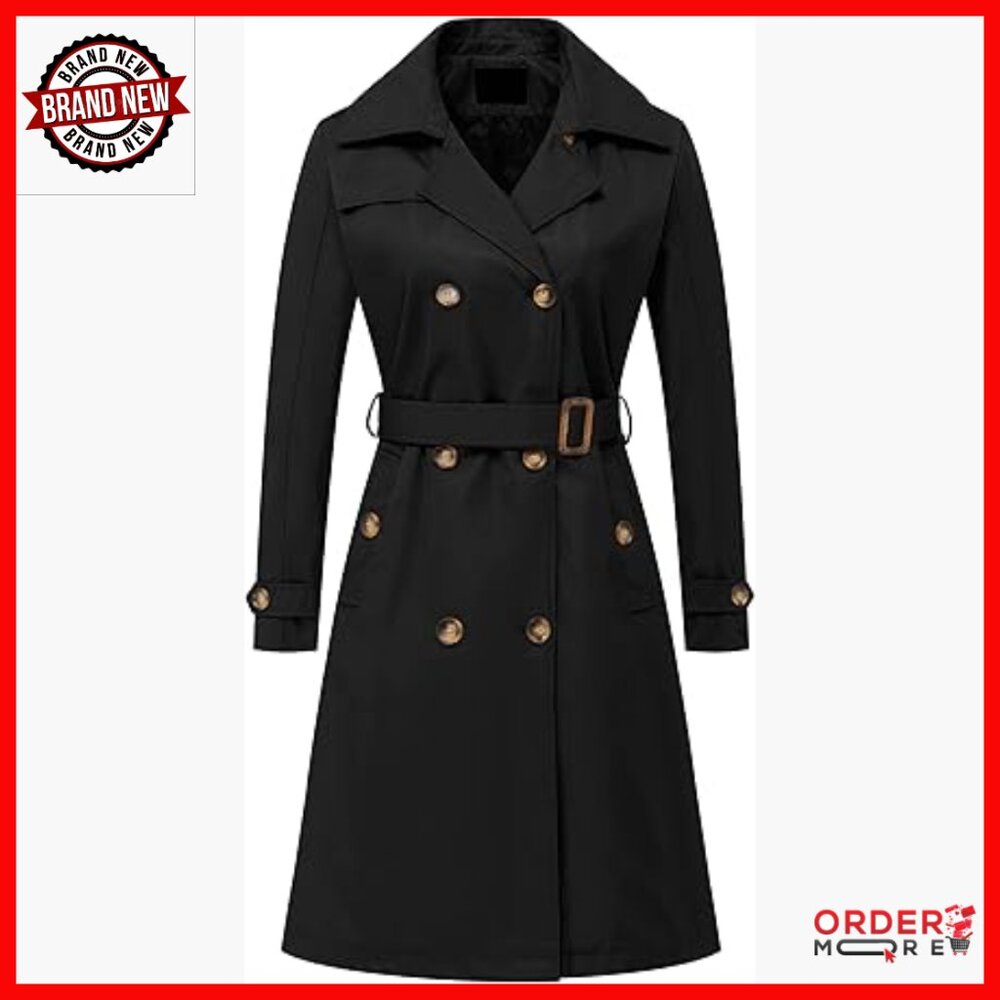 Long Trench Coat With Detachable Hood, Water Repellent, Double Breasted
